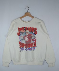 Vintage Style 1990 Joe Montana NFL Super Bowl Tshirt Pullover Hoodie Crewneck Sweatshirt Reprinted Full Color Full Size Gifts For NFL Fans