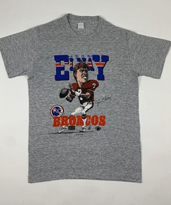 Vintage Style 80s John Elway Denver Broncos Caricature Tshirt Pullover Hoodie Crewneck Sweatshirt Reprinted Full Color Full Size Gifts For NFL Fans