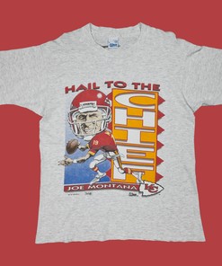 Vintage Style 90'S Joe Montana Hail To The Chief N.F.L. Graphic Tshirt Pullover Hoodie Crewneck Sweatshirt Reprinted Full Color Full Size Gifts For NFL Fans