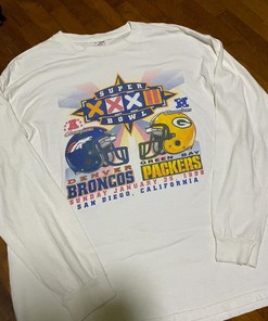 Vintage Style ‘98 Denver Broncos Vs Green Bay Packers Super Bowl Tshirt Pullover Hoodie Crewneck Sweatshirt Reprinted Full Color Full Size Gifts For NFL Fans