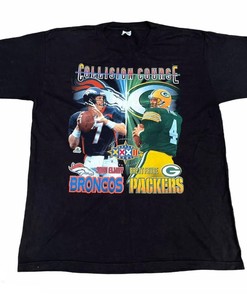 Vintage Style Broncos Vs Packers Brett Favre And John Elway Tshirt Pullover Hoodie Crewneck Sweatshirt Reprinted Full Color Full Size Gifts For NFL Fans