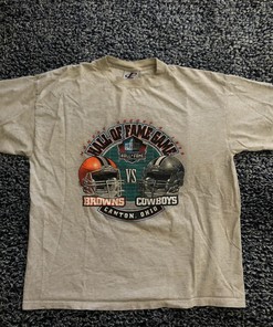 Vintage Style Browns/Cowboys ‘Hall Of Fame Game’ Tshirt Pullover Hoodie Crewneck Sweatshirt Reprinted Full Color Full Size Gifts For NFL Fans