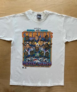Vintage Style Denver Broncos Super Bowl Champions 90s NFL Tshirt Pullover Hoodie Crewneck Sweatshirt Reprinted Full Color Full Size Gifts For NFL Fans