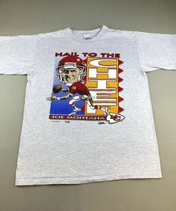 Vintage Style Joe Montana T-Shirt Gray Kansas City Chiefs Tshirt Pullover Hoodie Crewneck Sweatshirt Reprinted Full Color Full Size Gifts For NFL Fans