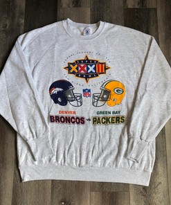 Vintage Style NFL Broncos Packers Super Bowl 32 Champions Tshirt Pullover Hoodie Crewneck Sweatshirt Reprinted Full Color Full Size Gifts For NFL Fans
