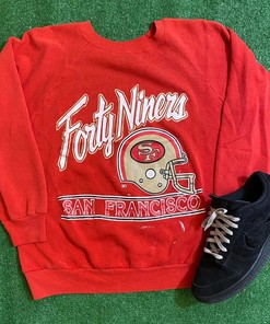 Vintage Style San Francisco 49Er Tshirt Pullover Hoodie Crewneck Sweatshirt Reprinted Full Color Full Size Gifts For NFL Fans