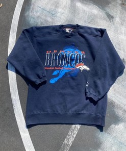 Vintage Style Starter Denver Broncos Thick Tshirt Pullover Hoodie Crewneck Sweatshirt Reprinted Full Color Full Size Gifts For NFL Fans