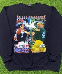 Vintage Style Starter Packers Vs Broncos Collision Course Tshirt Pullover Hoodie Crewneck Sweatshirt Reprinted Full Color Full Size Gifts For NFL Fans