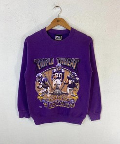 Vintage Style Vikings Triple Threat Sweatshirt By Pro Player Tshirt Pullover Hoodie Crewneck Sweatshirt Reprinted Full Color Full Size Gifts For NFL Fans