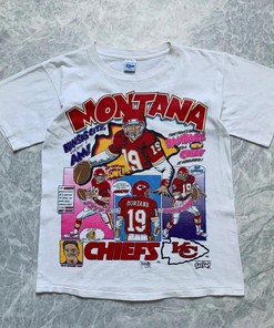 Vtg NFL Kansas City Chiefs Joe Montana Caricature Tshirt Pullover Hoodie Crewneck Sweatshirt Reprinted Full Color Full Size Gifts For NFL Fans