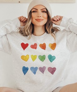 Watercolor Heart Sweatshirt, Heart Graphic Unisex Pullover, Valentine's Day Sweater, Rainbow Lgbtq Love Shirt