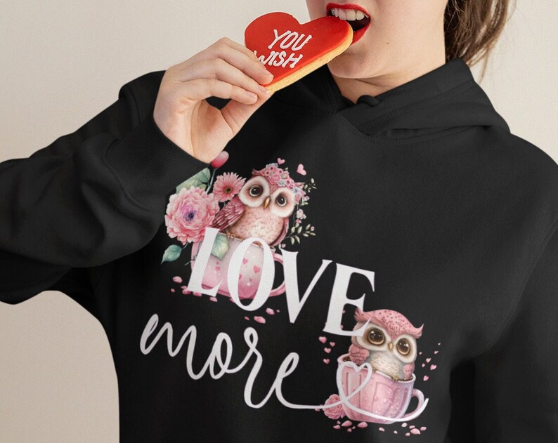 cute owl sweatshirt with hood love love romance style valentine's day or mother's day gift modern women unisex sweater hoodie - Image 2