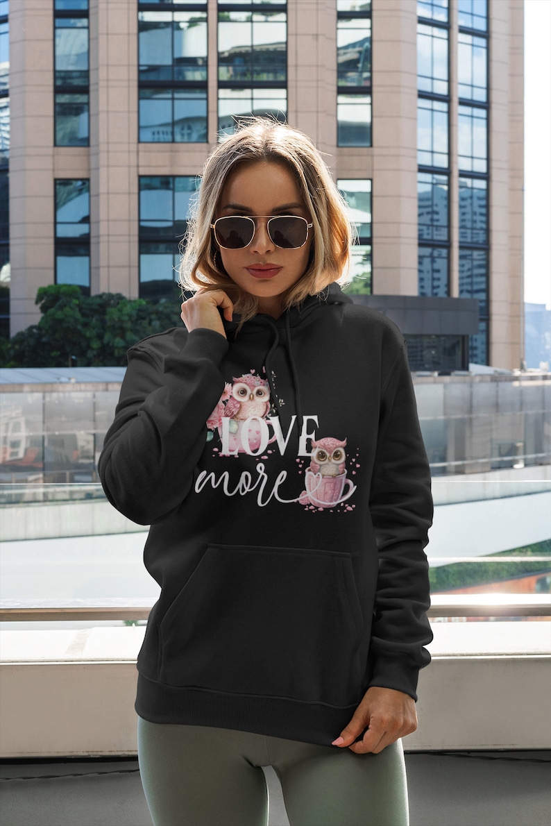 cute owl sweatshirt with hood love love romance style valentine's day or mother's day gift modern women unisex sweater hoodie - Image 3