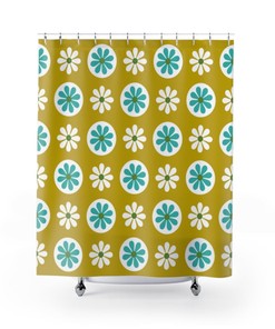 1970's Groovy Mod Daisy Retro Floral White, Turquoise Blue, Lime Green Mid Century Modern Shower Curtain