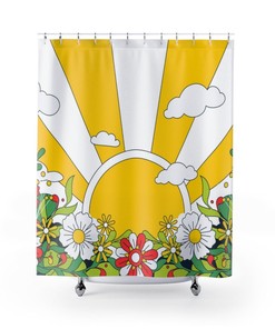 1970's Groovy Retro Sun, Hippie Vibes, Hipster, Sunshine Yellow, Flower Power, Mid Mod Shower Curtain