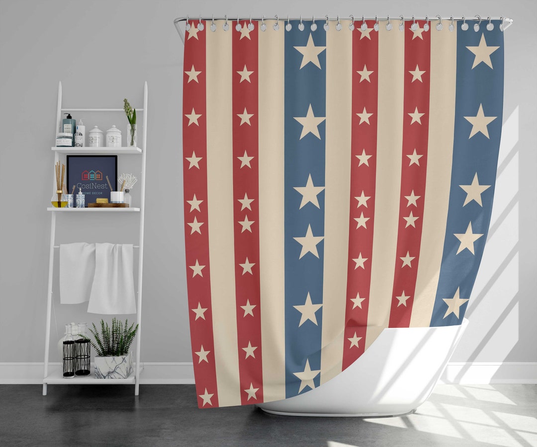 4Th July Usa America Flag Shower Curtain, Independence Day Celebration Stars Stripes Fabric Bathroom Curtain