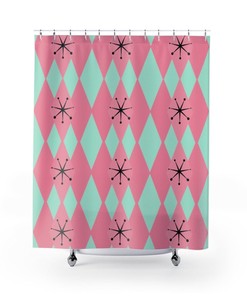 50's Mint Green, Hot Pink Harlequin Diamond Mid Century Modern Shower Curtains