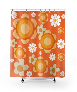 70's Flower Power, Retro 60's Vibe, Groovy Funky Daisy, Orange Mid Mod Shower Curtains