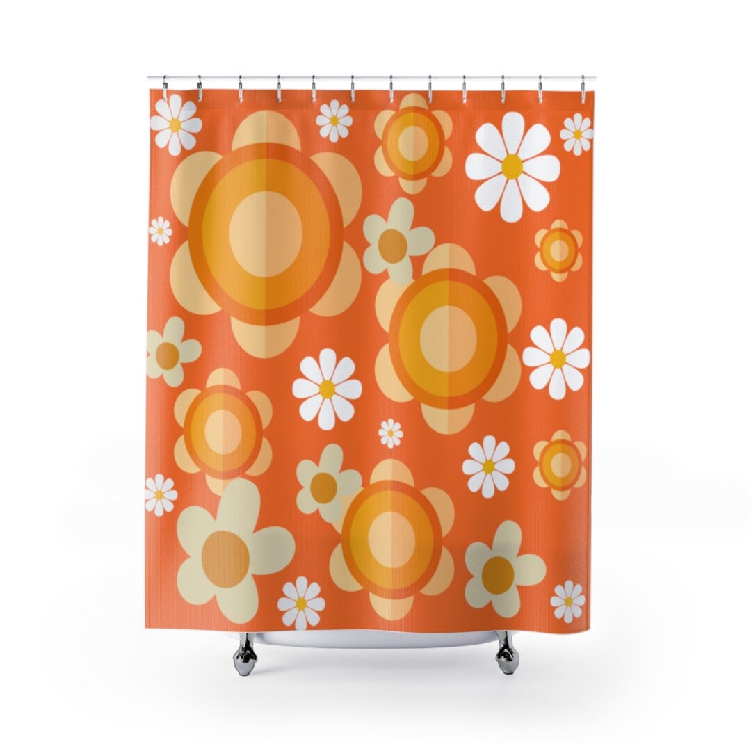 70's Flower Power, Retro 60's Vibe, Groovy Funky Daisy, Orange Mid Mod Shower Curtains
