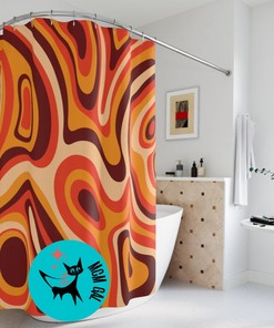 70's Groovy Orange Brown Yellow Swirl Psychedelics Retro Shower Curtain, Y2K Home Decor, Hippie Apartment Living Decor