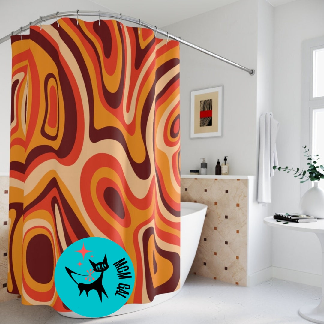 70's Groovy Orange Brown Yellow Swirl Psychedelics Retro Shower Curtain, Y2K Home Decor, Hippie Apartment Living Decor