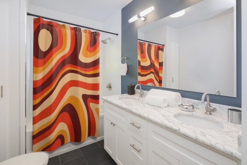 70's Groovy Orange Brown Yellow Swirl Psychedelics Retro Shower Curtain, Y2K Home Decor, Hippie Apartment Living Decor - Image 2