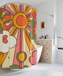 70's Retro Curtain, Funky, Bright Sunshine Mid Century Modern Hippie, Orange, Yellow Shower Curtains