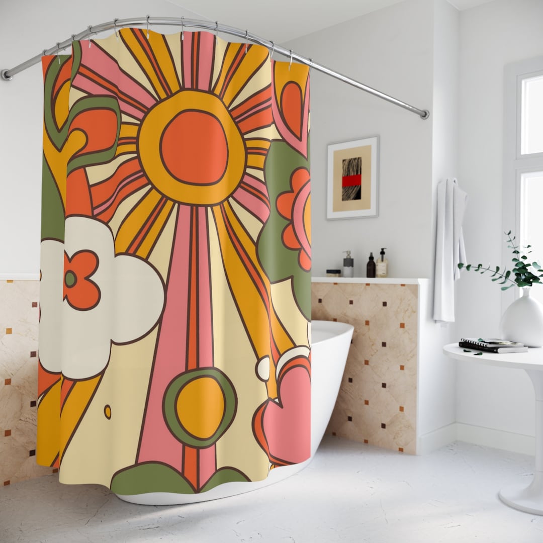 70's Retro Curtain, Funky, Bright Sunshine Mid Century Modern Hippie, Orange, Yellow Shower Curtains