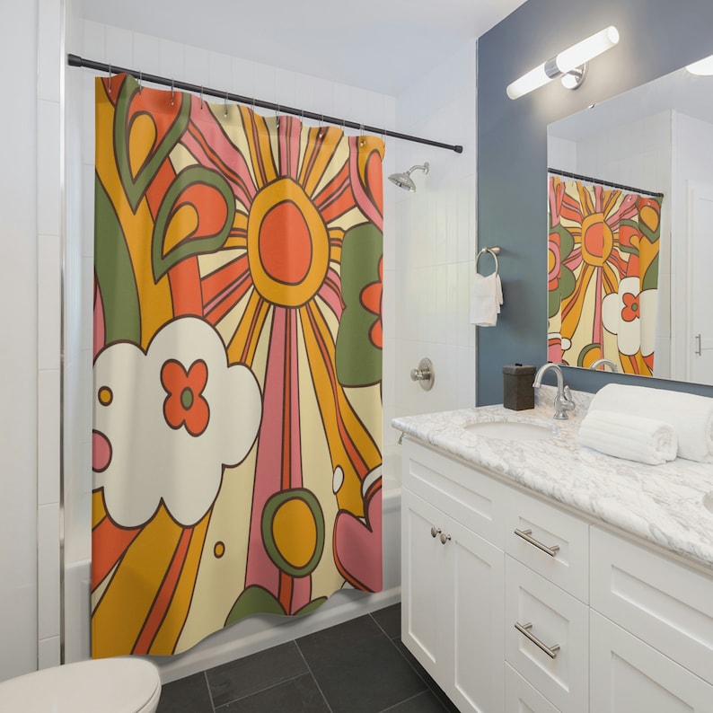 70's Retro Curtain, Funky, Bright Sunshine Mid Century Modern Hippie, Orange, Yellow Shower Curtains - Image 2