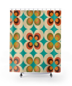 70's Retro Shower Curtain With Orange, Teal, Mustard Yellow, And Brown Mid-Century Design