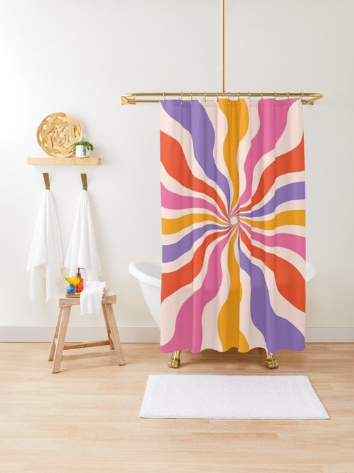 70s Sun Shower Curtain, Boho Mid-Century Vintage Sun, Shower Curtain Eco-Friendly, Waterproof, Abstract Decor,