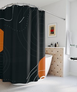 Abstract Art Shower Curtain, Black Orange Retro Shapes, Apartment Bathroom Curtain, Minimalistic Contemporary Art, Minimal Curtain