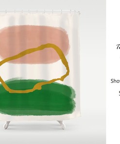 Abstract Art Shower Curtain, Color Blocks, Nordic Style Minimalism, Dusty Pink, Gold, Monstera Green