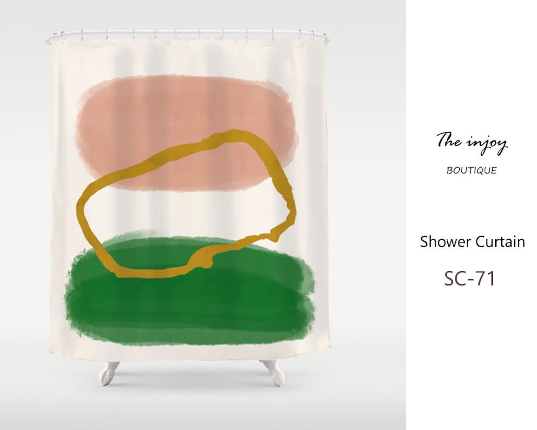 Abstract Art Shower Curtain, Color Blocks, Nordic Style Minimalism, Dusty Pink, Gold, Monstera Green
