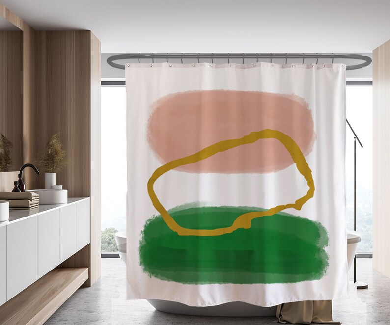 Abstract Art Shower Curtain, Color Blocks, Nordic Style Minimalism, Dusty Pink, Gold, Monstera Green - Image 2