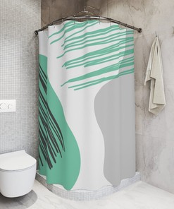 Abstract Art Shower Curtain, Grey And Mint Circles And Strokes, Apartment Bathroom Curtain, Contemporary Art, Minimal Curtain