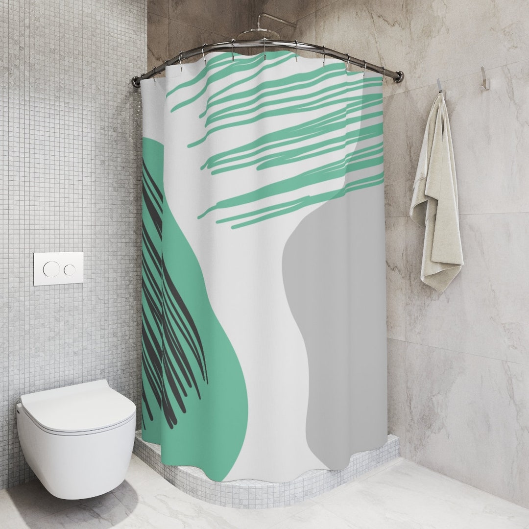 Abstract Art Shower Curtain, Grey And Mint Circles And Strokes, Apartment Bathroom Curtain, Contemporary Art, Minimal Curtain
