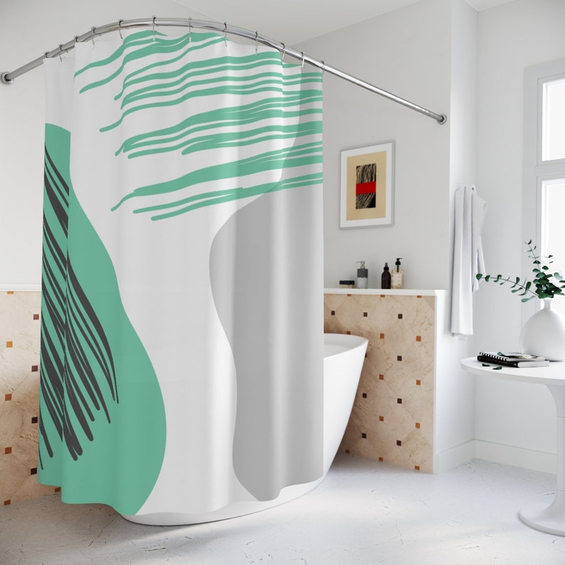 Abstract Art Shower Curtain, Grey And Mint Circles And Strokes, Apartment Bathroom Curtain, Contemporary Art, Minimal Curtain - Image 2