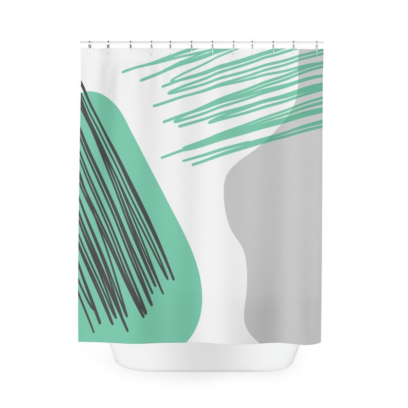 Abstract Art Shower Curtain, Grey And Mint Circles And Strokes, Apartment Bathroom Curtain, Contemporary Art, Minimal Curtain - Image 3
