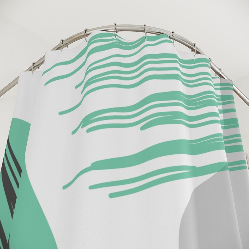 Abstract Art Shower Curtain, Grey And Mint Circles And Strokes, Apartment Bathroom Curtain, Contemporary Art, Minimal Curtain - Image 4