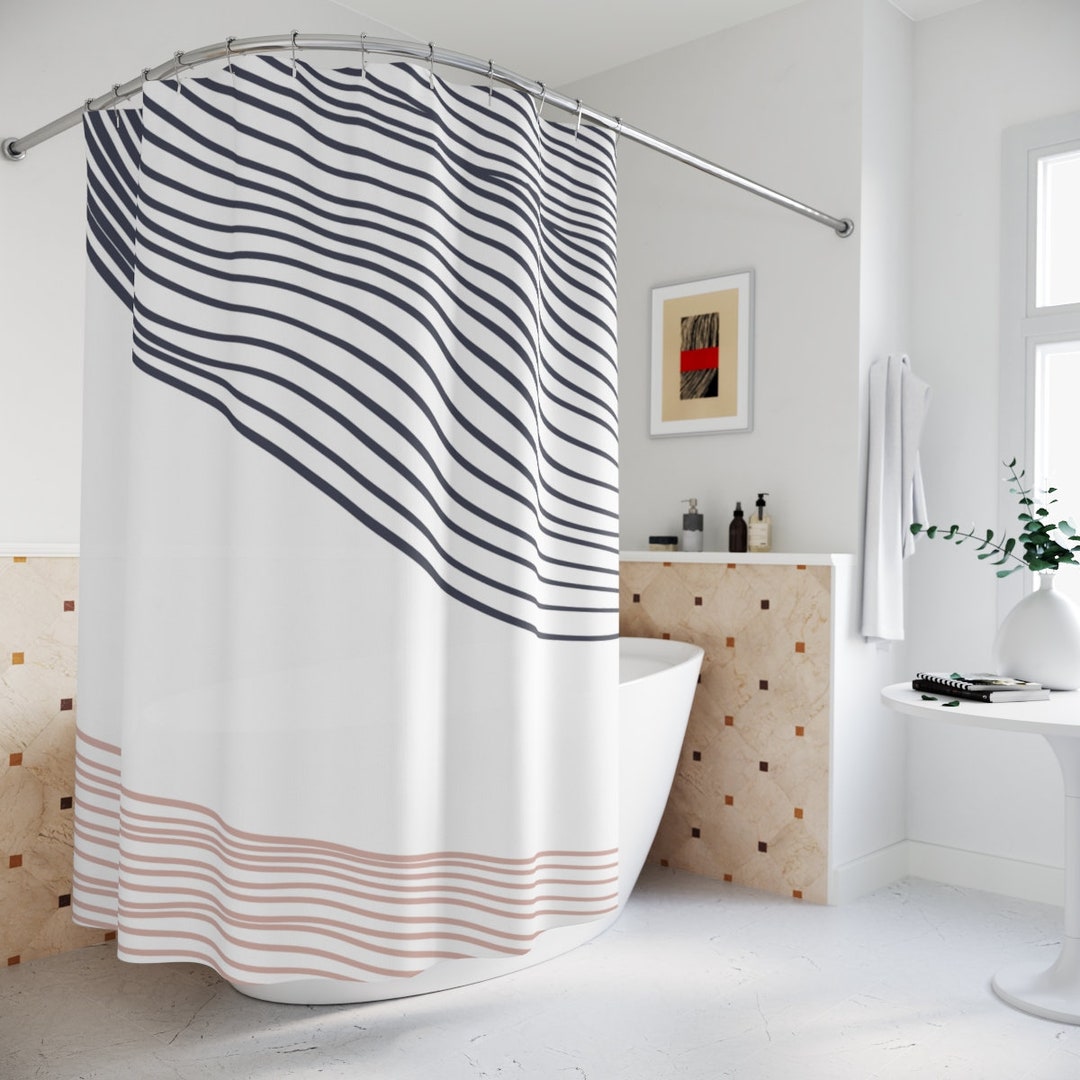 Abstract Art Shower Curtain, Grey Brown Lines, Waves Mid Century Modern Shower Curtain