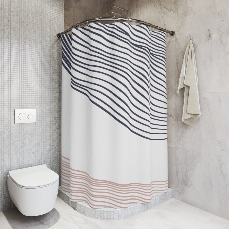 Abstract Art Shower Curtain, Grey Brown Lines, Waves Mid Century Modern Shower Curtain - Image 2