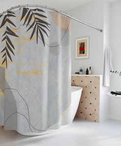 Abstract Art Shower Curtain, Peaceful And Neutral Warm Earth Colors, Lakehouse Leaves Tropical Contemporary Art, Bathroom Curtain