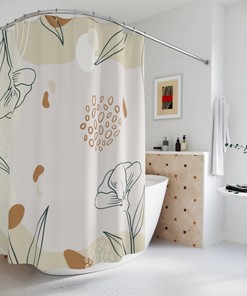 Abstract Art Shower Curtain, Peaceful And Neutral Warm Earth Colors, Leaves And Flowers Modern Contemporary Art, Bathroom Curtain