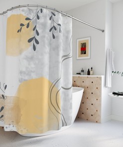 Abstract Art Shower Curtain, Peaceful And Neutral Warm Earth Colors, Watercolor Leaves Yellow Contemporary Art, Bathroom Curtain