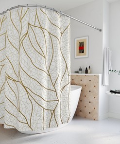 Abstract Art Shower Curtain, Peaceful And Neutral Warm Earth Gold Leaf Colors, Leaves Tropical Contemporary Art, Bathroom Curtain