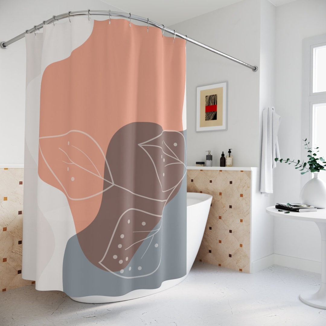 Abstract Art Shower Curtain, Peaceful And Neutral Warm Earth Leaf Colors, Lakehouse Leaves Tropical Contemporary Art, Bathroom Curtain Home Decor