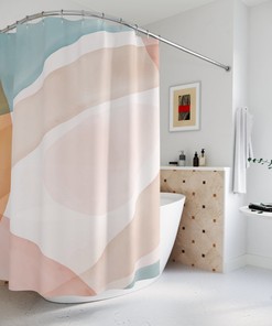 Abstract Art Shower Curtain, Peaceful And Neutral Warm Earth Strokes Colors, Watercolor Green Pink Contemporary Art, Bathroom Curtain