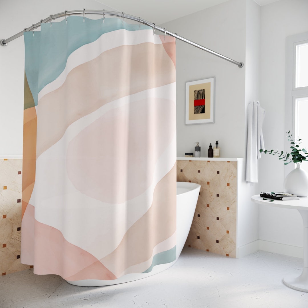 Abstract Art Shower Curtain, Peaceful And Neutral Warm Earth Strokes Colors, Watercolor Green Pink Contemporary Art, Bathroom Curtain
