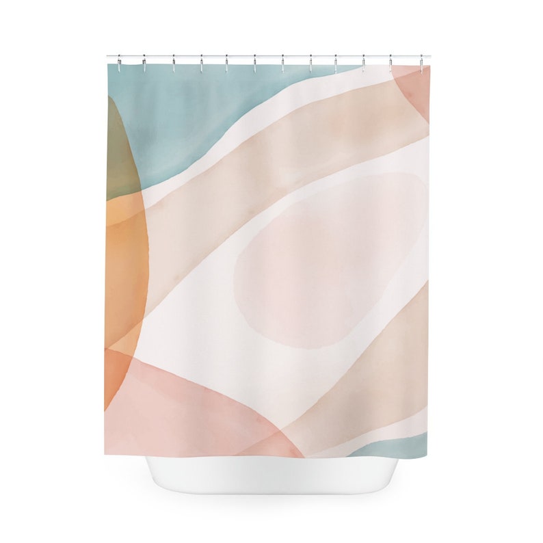 Abstract Art Shower Curtain, Peaceful And Neutral Warm Earth Strokes Colors, Watercolor Green Pink Contemporary Art, Bathroom Curtain - Image 2